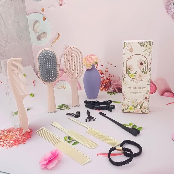 Hair Brush Set with Combs Accessories Gift Box Pink Dense Nylon Bristles - Picture 2 of 9